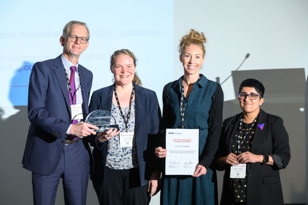 Dr Richard Shaw, NIHR, presenting CREST award to Professor Emma Crosbie and Dr Chloe Barr, with Dr Shamaila Anwar, NIHR