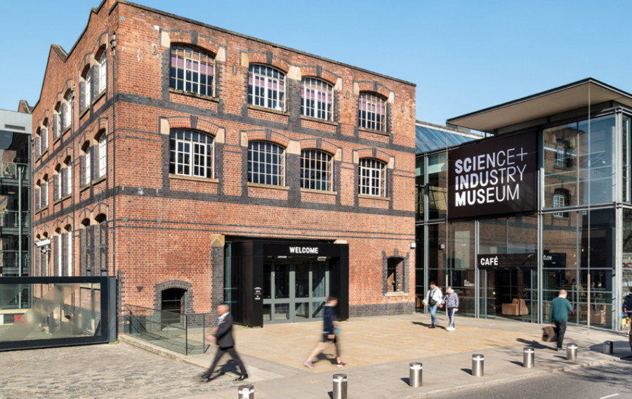 Image shows exterior and entrance of Manchester Science and Industry Museum