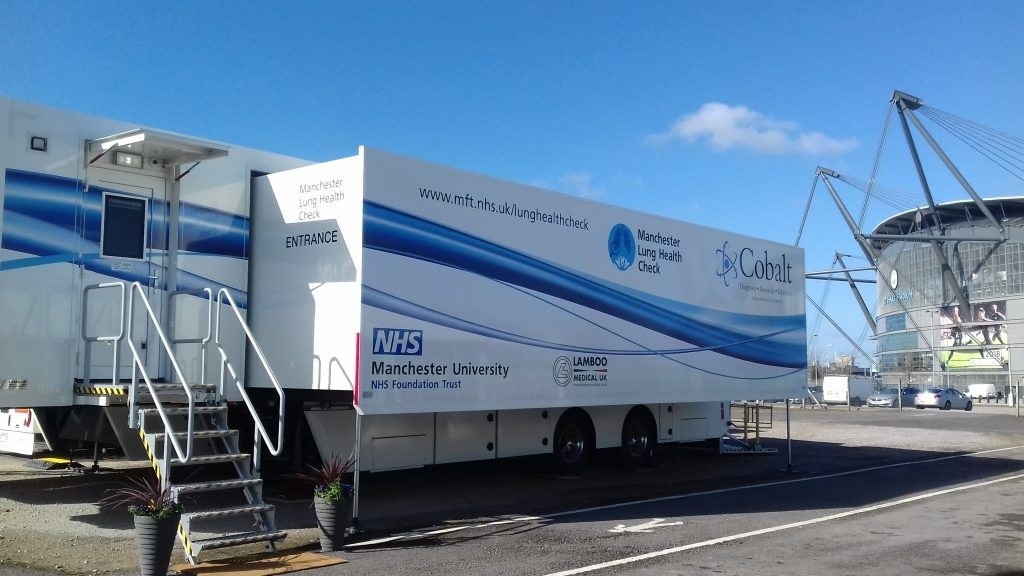 Image shows the Lung Health Check screening trucks