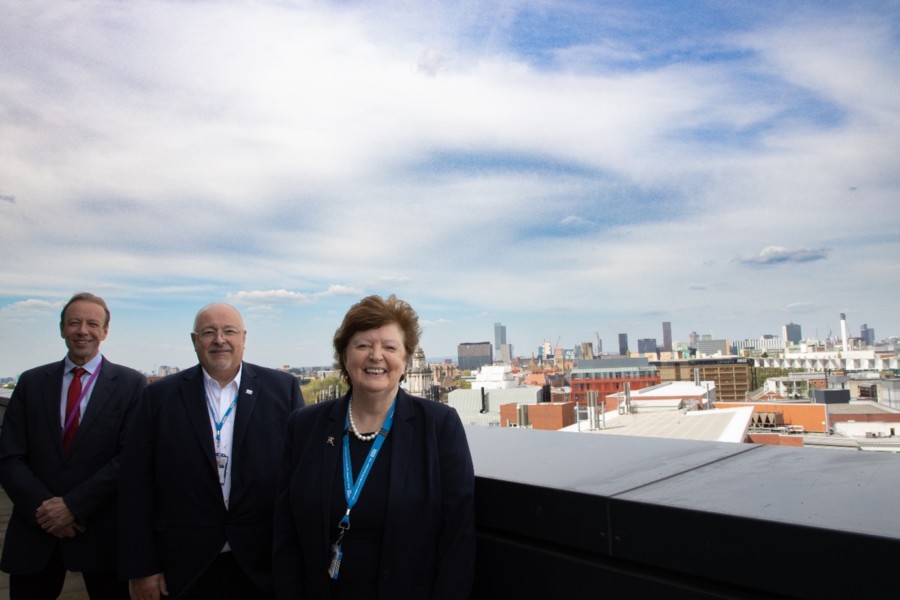 Kathy Cowell OBE DL; Group Chairman of MFT, Andy Gover; Vice President, Head of Process Excellence MDx, General Manager QIAGEN Manchester, and Professor Graham Lord; Vice-President and Dean of UoM’s Faculty of Biology, Medicine and Health, on the roof of Citylabs 2.0.