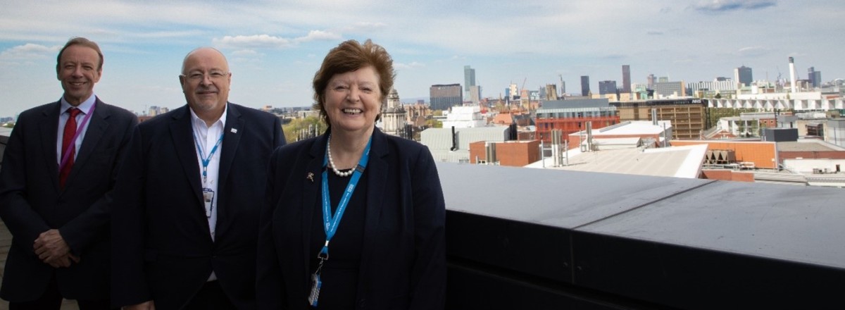 Kathy Cowell OBE DL; Group Chairman of MFT, Andy Gover; Vice President, Head of Process Excellence MDx, General Manager QIAGEN Manchester, and Professor Graham Lord; Vice-President and Dean of UoM’s Faculty of Biology, Medicine and Health, on the roof of Citylabs 2.0.