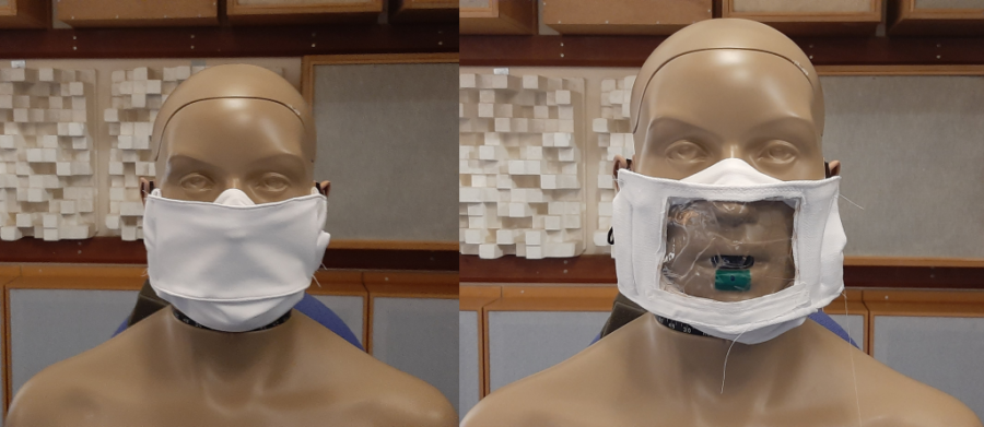Image shows two designs for speech-friendly face masks modelled on dummies