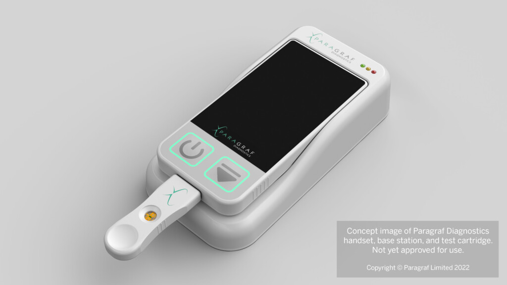 Concept image of diagnostics handset, base station, and test cartridge