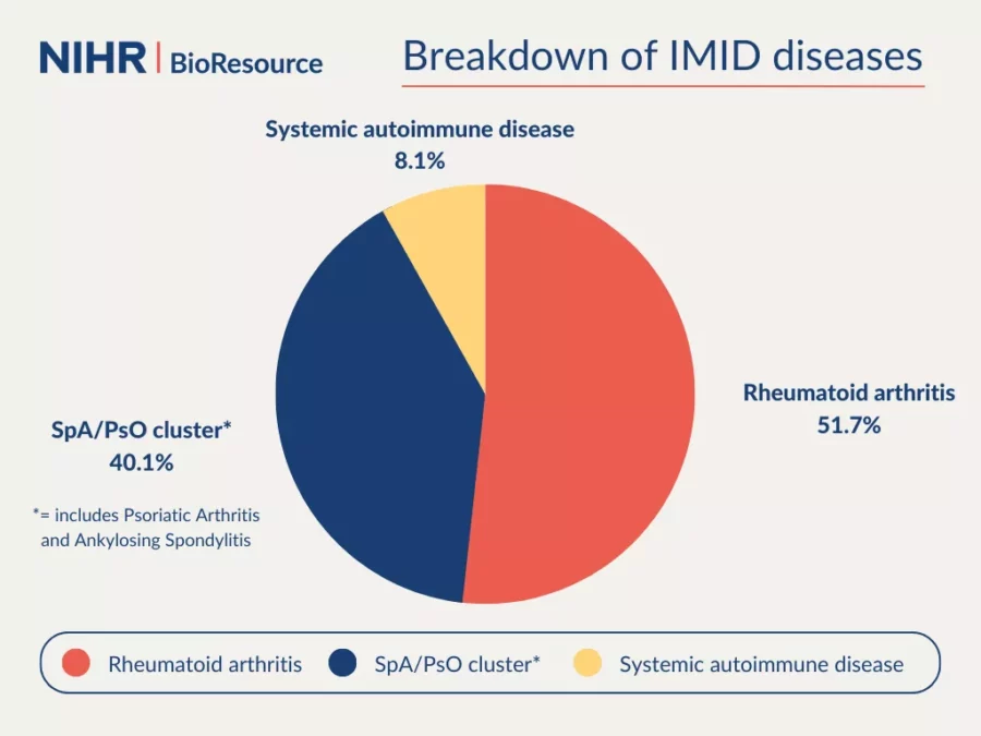 Pie chart showing breakdown of the IMID BioResource by disease type: Rheumatoid arthritis – 5537, 51.7%. Ankylosing Spondylitis and Psoriatic Arthritis cluster – 4294, 40.1%. Systemic autoimmune disease – 871, 8.1% = 10,702 IMID BioResource volunteers