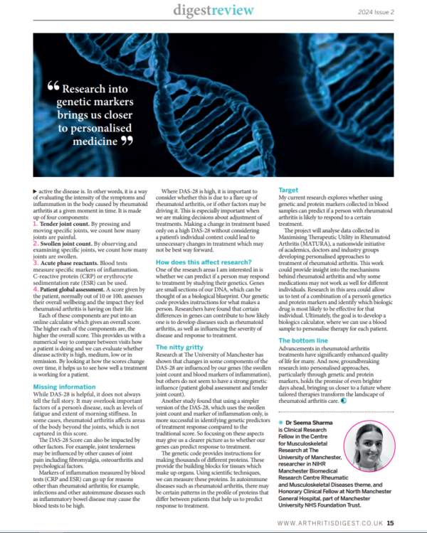 Dr Seema Sharma's article in Arthritis Digest magazine