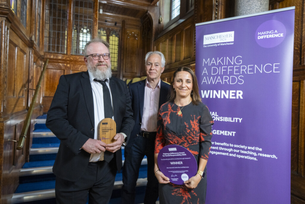 Professor John Ainsworth, Professor Shôn Lewis and Professor Sandra Bucci holding their award