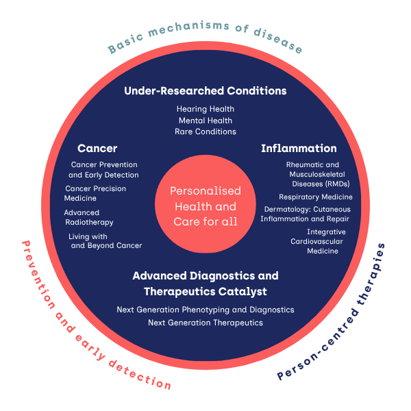 A circle split into quarters. Each quarter shows a cluster and the research themes within that cluster.