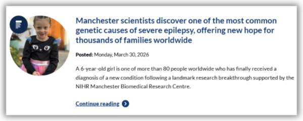 A screenshot of a news story about the discovery of one of the most common causes of severe epilepsy